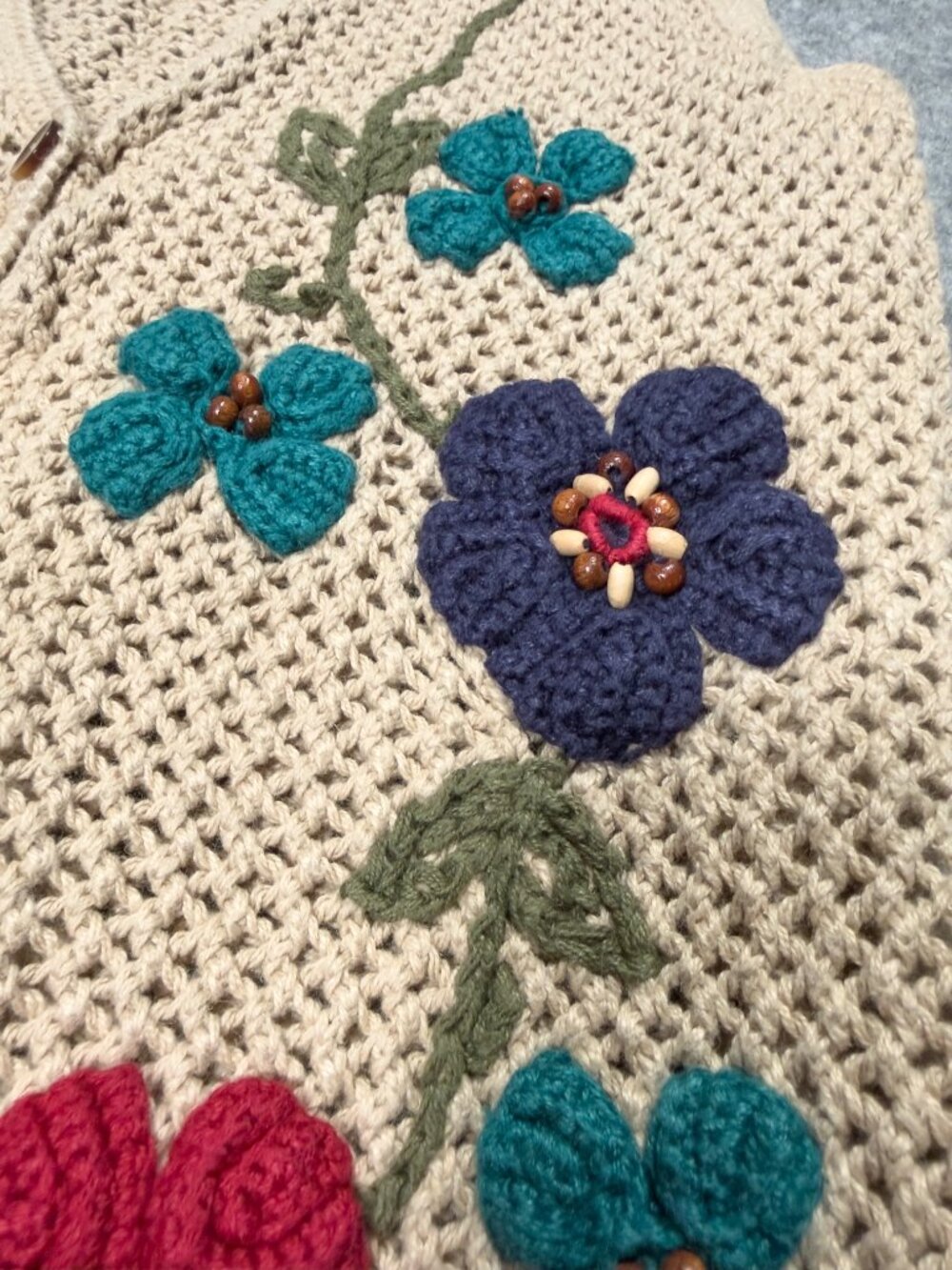 Cottagecore Floral Crochet Knit Sweater Vest Beige Button Front Boho Grannycore - Picture 4 of 7